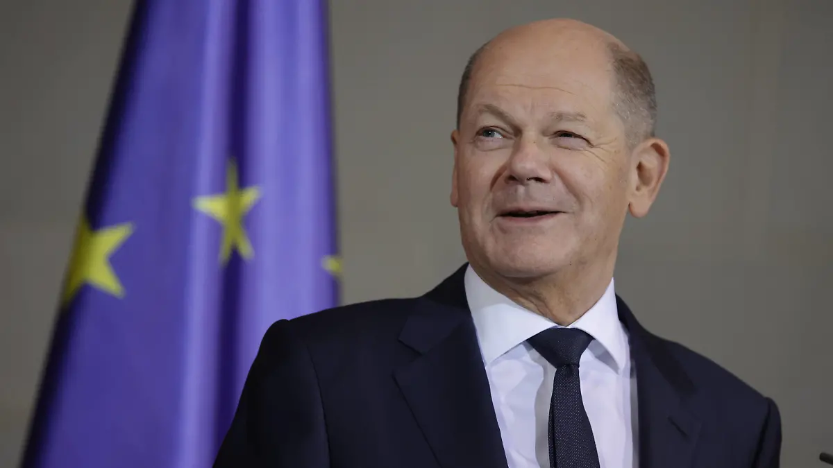 Bundeskanzler Olaf Scholz, Deutschland, Berlin, Bundeskanzleramt, Pressekonferenz des BK und des Ministerpräsidenten der Slowakischen Republik, Robert Fico *** Federal Chancellor Olaf Scholz, Germany, Berlin, Federal Chancellery, Press conference of the Federal Chancellor and the Prime Minister of the Slovak Republic, Robert Fico