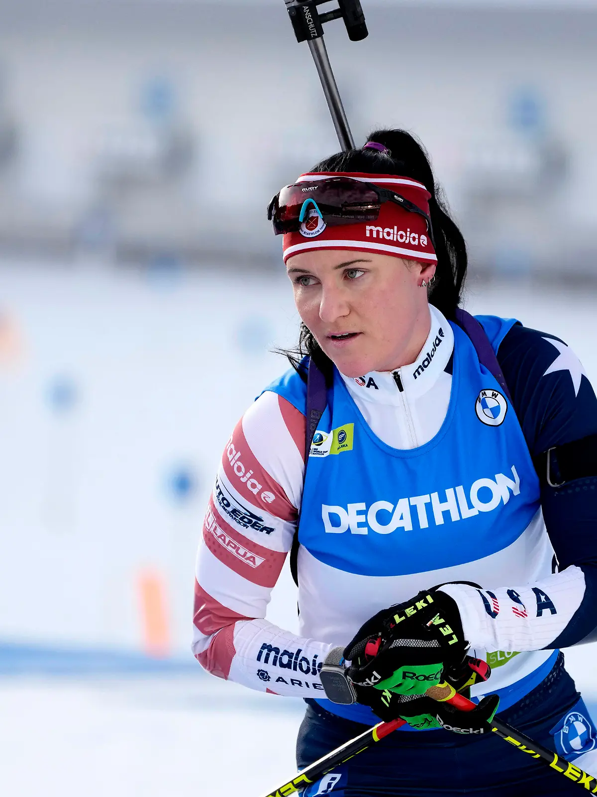 FILE - Joanne Reid, of The United States, competes during the women 7.5 km sprint competition at the Biathlon World Cup event in Pokljuka, Slovenia, Jan. 5, 2023. The United States Biathlon national champion was sexually harassed and abused for years by a ski-wax technician while racing on the sport's elite World Cup circuit, investigators found. When the two-time Olympian complained, Reid said she was told his behavior was just part of the male European culture. (AP Photo/Darko Bandic, File)