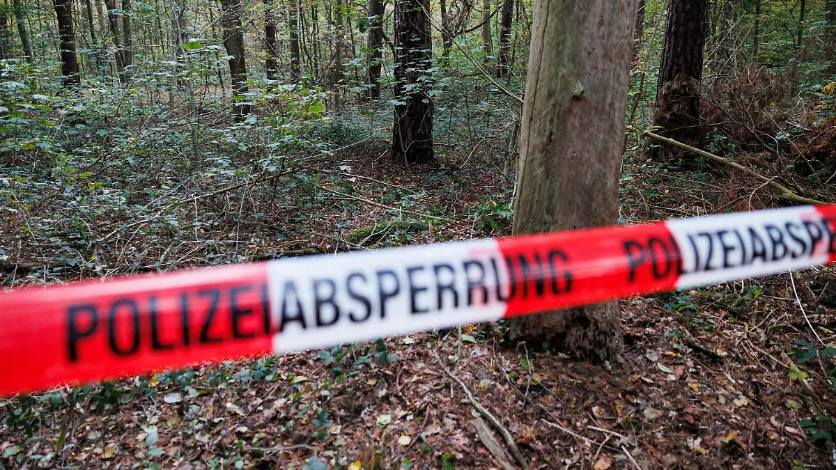 11.10.2022, Niedersachsen, Hannover: Ein Polizeiabsperrband sperrt den Bereich um den Fundort der Leiche ab. In einem Waldstück im Mecklenheider Forst wurde eine Leiche entdeckt. Foto: Michael Matthey/dpa +++ dpa-Bildfunk +++