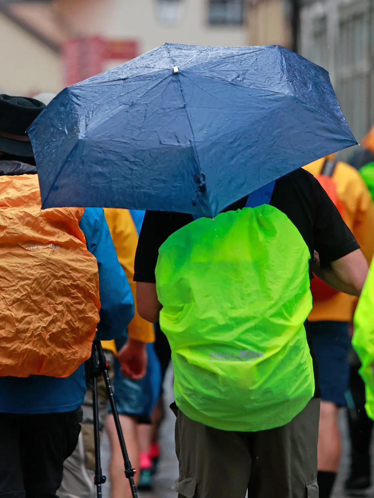29.07.2023, Sachsen-Anhalt, Wernigerode: Teilnehmer eines Wanderevents starten in Wernigerode bei Regenwetter zu einem 24 Stunden Marsch. Im Rahmen einer Wanderveranstaltung gingen bei wechselhaftem Wetter Wanderer auf eine über 70 Kilometer lange Strecke durch den Harz. Bei der 24 Stunden Trophy werden die Wanderer innerhalb von 24 Stunden wieder im Ziel erwartet. Foto: Matthias Bein/dpa +++ dpa-Bildfunk +++