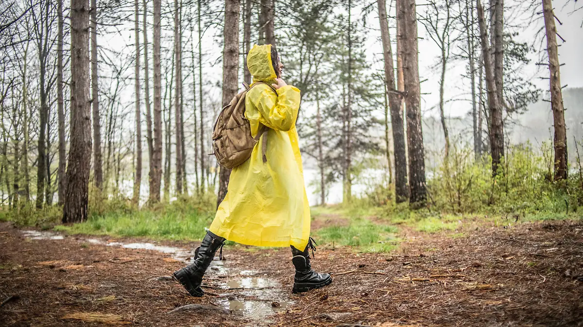 One young woman, A young woman in a bright yellow jacket who spends time in the woods and enjoys a rainy day leading a healthy lifestyle. A young woman tourist visited the mountainous area at the beginning of autumn.