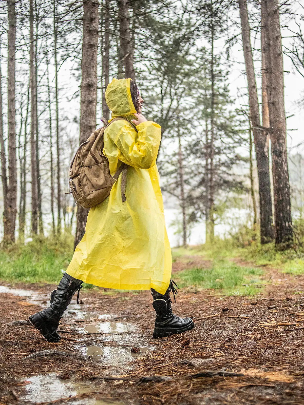 One young woman, A young woman in a bright yellow jacket who spends time in the woods and enjoys a rainy day leading a healthy lifestyle. A young woman tourist visited the mountainous area at the beginning of autumn.