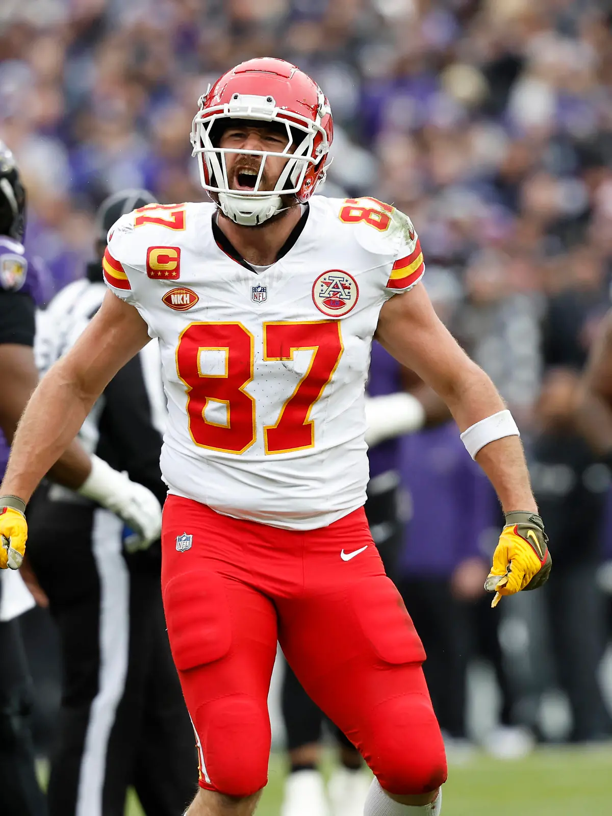 NFL, American Football Herren, USA AFC Championship-Kansas City Chiefs at Baltimore Ravens Jan 28, 2024 Baltimore, Maryland, USA Kansas City Chiefs tight end Travis Kelce 87 celebrates after scoring a touchdown against the Baltimore Ravens during the first half in the AFC Championship football game at M&T Bank Stadium. Baltimore M&T Bank Stadium Maryland USA, EDITORIAL USE ONLY PUBLICATIONxINxGERxSUIxAUTxONLY Copyright: xGeoffxBurkex 20240128_ads_sb4_056