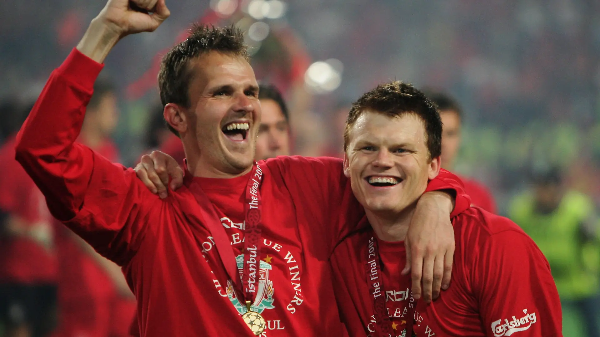ISTANBUL, TURKEY - MAY 25:  Liverpool midfielder Dietmar Hamann of Germany and Liverpool defender John Arne Riise of Norway celebrates after Liverpool won the European Champions League final against AC Milan on May 25, 2005 at the Ataturk Olympic Stadium in Istanbul, Turkey.  (Photo by Mike Hewitt/Getty Images)
