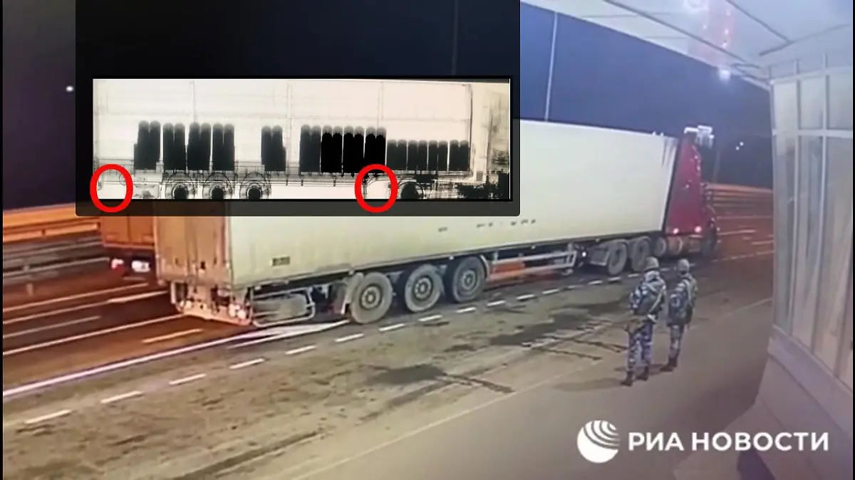 Krim-Brücke - Lkw-Explosion: Aufnahmen aus der Überwachungskamera bei der Lkw-Kontrolle und die angeblichen Röntgenaufnahmen im direkten Vergleich