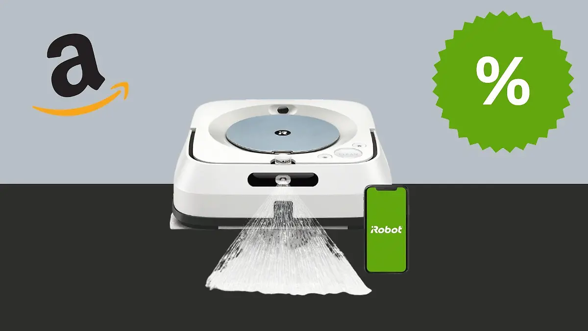 Der Wischroboter Braave jet m6 von iRobot auf dunkel-grauem Hintergrund und einem grünen Prozentzeichen in der rechten- und das Amazon-Logo in der linken oberen Ecke.