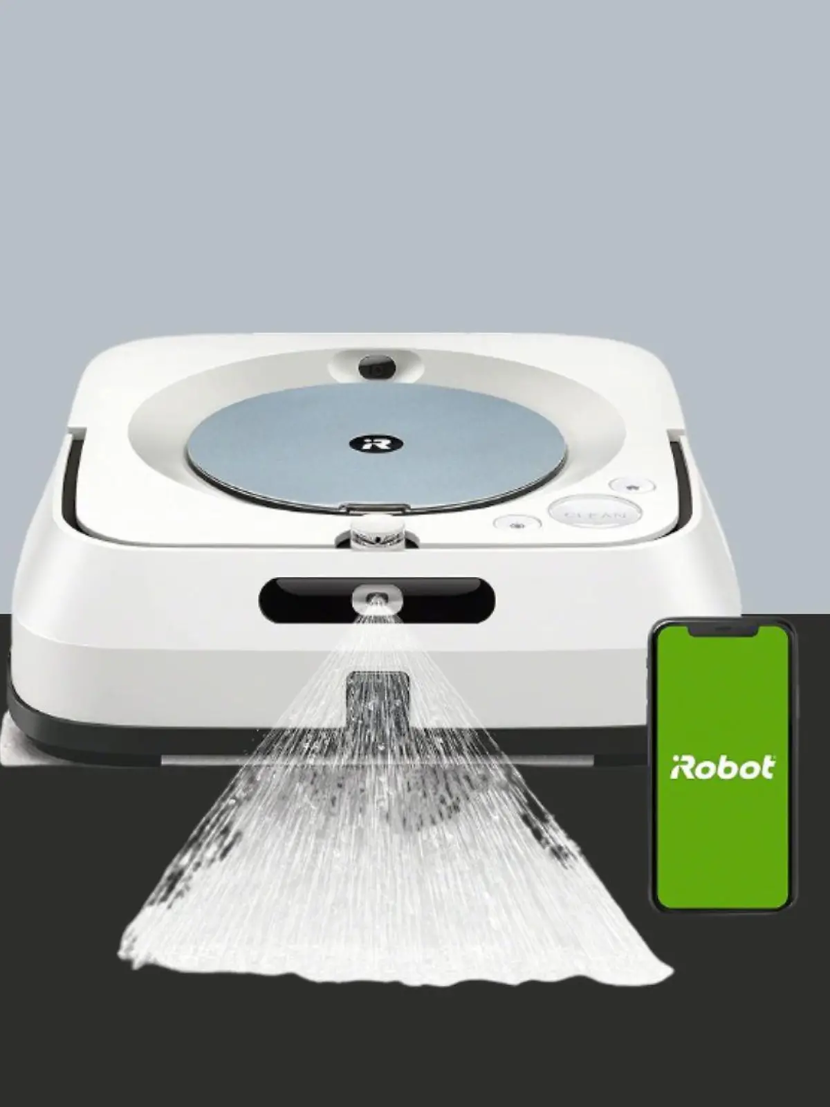 Der Wischroboter Braave jet m6 von iRobot auf dunkel-grauem Hintergrund und einem grünen Prozentzeichen in der rechten- und das Amazon-Logo in der linken oberen Ecke.