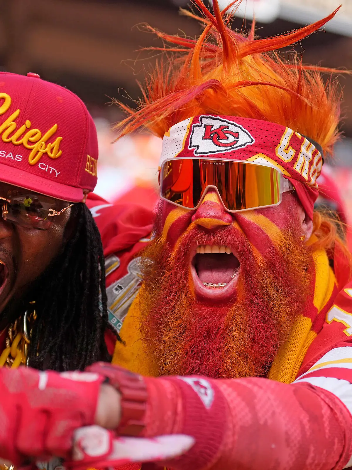 Fans celebrate a chief s win at Arrowhead Stadium in Kansas City, Missouri on Saturday, January 1, 2023. PUBLICATIONxINxGERxSUIxAUTxHUNxONLY KCP20230101123 JONxROBICHAUD