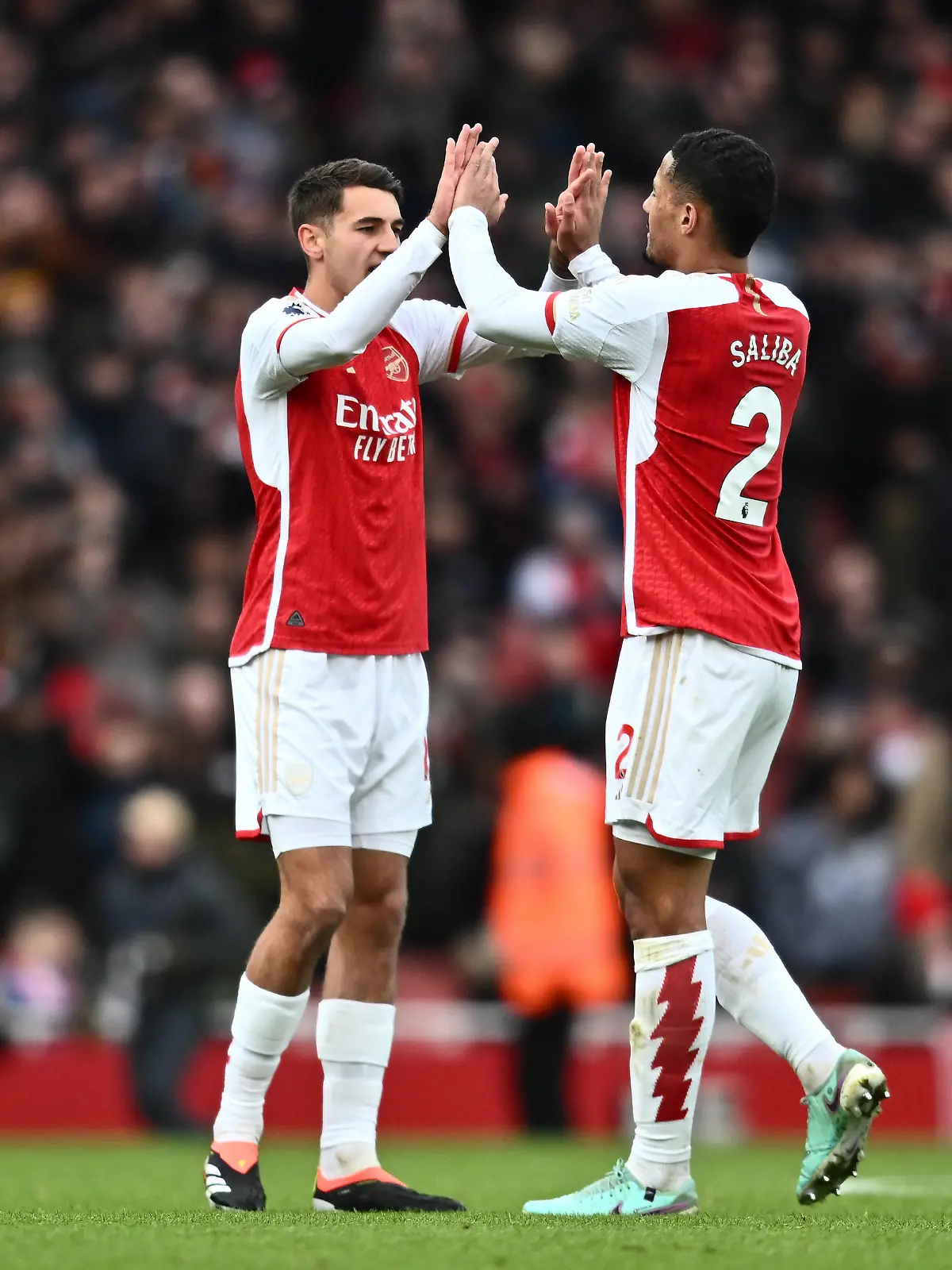 LONDON, ENGLAND - JANUARY 20: Jakub Kiwior, William Saliba during the Premier League match between Arsenal FC and Crystal Palace at Emirates Stadium on January 20, 2024 in London, United Kingdom. Photo by Sebastian Frej EDITORIAL USE ONLY. No use with unauthorized audio, video, data, fixture lists, club/league logos or live services. Online in-match use limited to 120 images, no video emulation. No use in betting, games or single club/league/player publications Arsenal FC v Crystal Palace - Premier League Copyright: xSebastianxFrejx