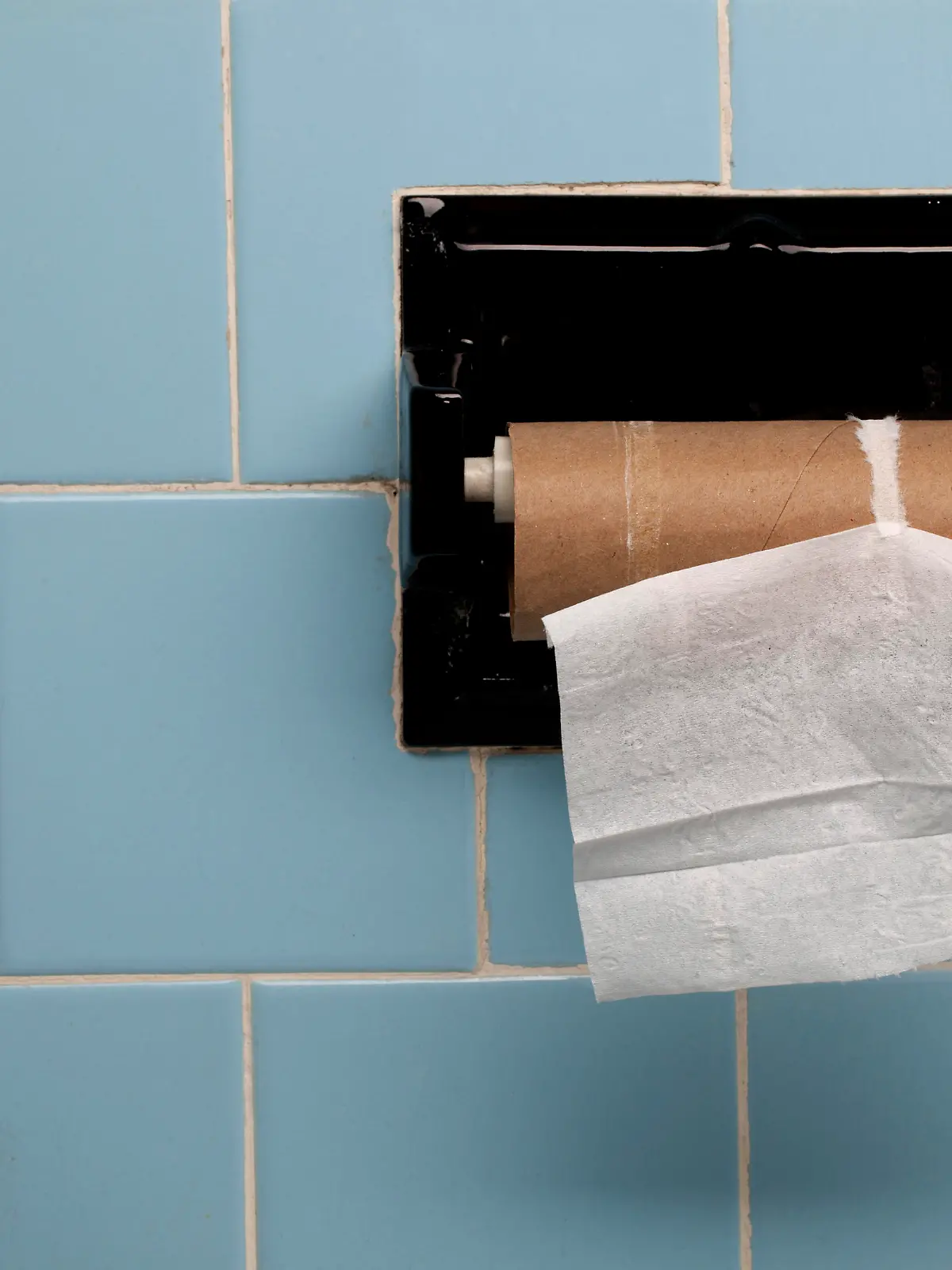 Vintage blue tile on a bathroom wall with only one piece of toilet paper left on the roll.