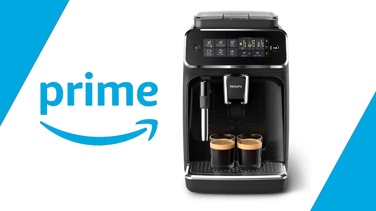 Der Philips Demostic Appliances 3200 Kaffeevollautomat auf weiß-blauen Hintergrund und dem Prime-Day-Logo links im Bild.