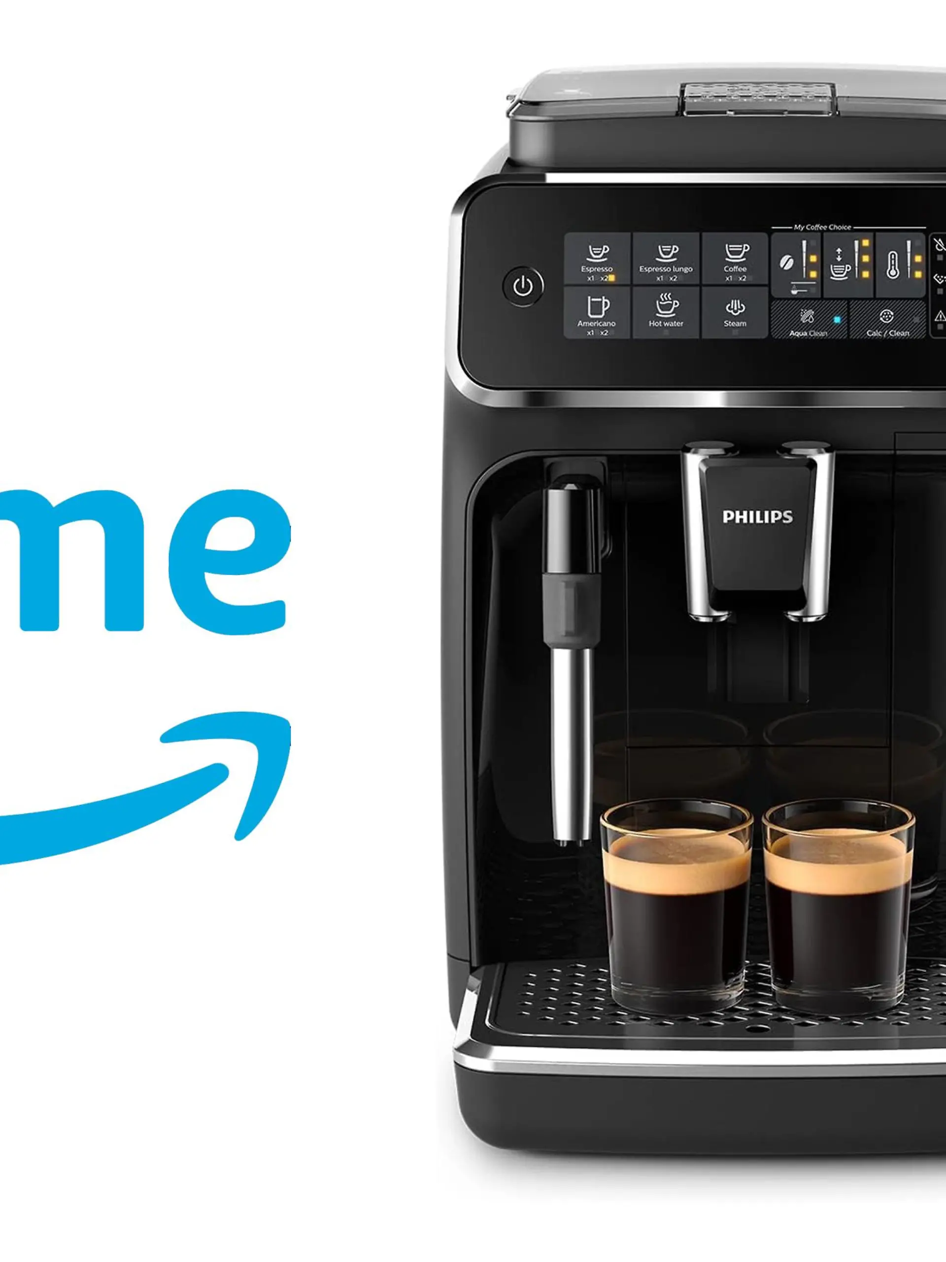 Der Philips Demostic Appliances 3200 Kaffeevollautomat auf weiß-blauen Hintergrund und dem Prime-Day-Logo links im Bild.