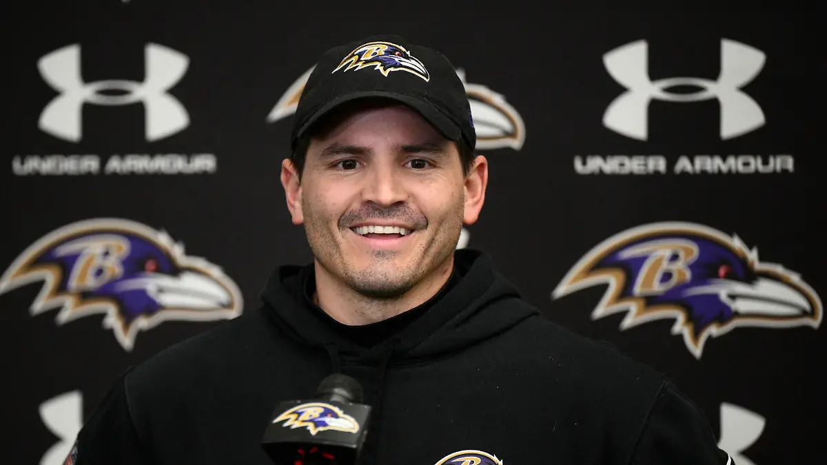 Baltimore Ravens defensive coordinator Mike Macdonald talks to the media during an NFL football media availability, Thursday, Jan. 25, 2024, in Owings Mills, Md. (AP Photo/Nick Wass)