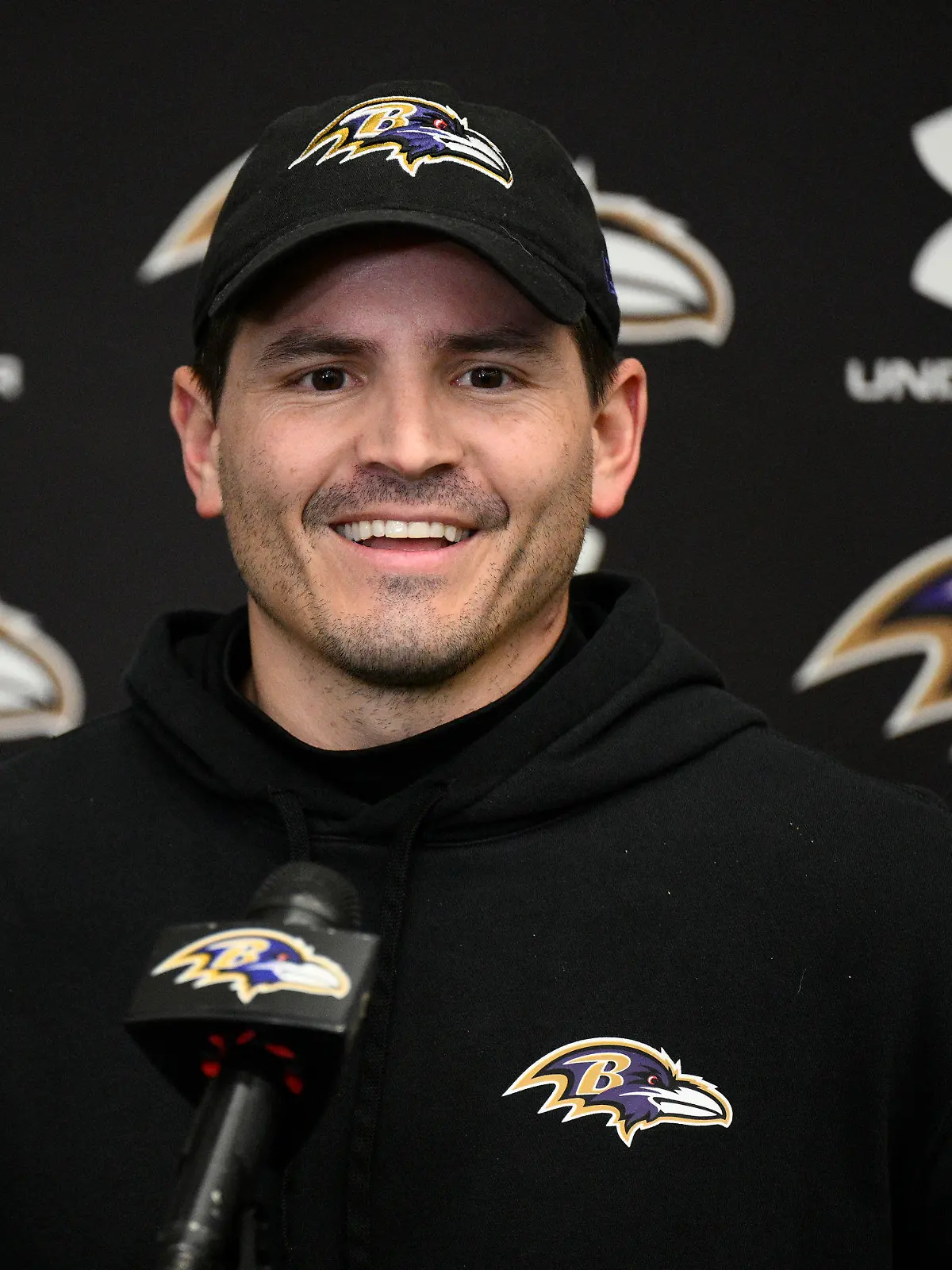 Baltimore Ravens defensive coordinator Mike Macdonald talks to the media during an NFL football media availability, Thursday, Jan. 25, 2024, in Owings Mills, Md. (AP Photo/Nick Wass)