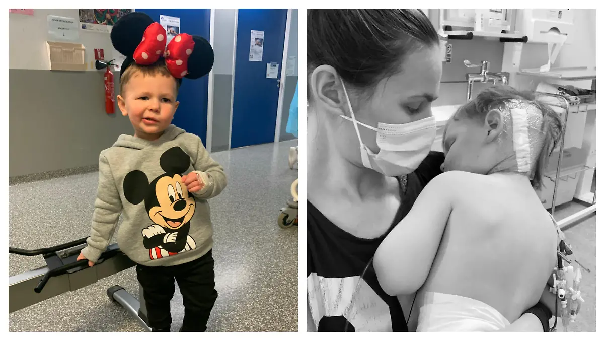 Dax links im Disneyland Paris, rechts im Krankenhaus im Arm seiner Mutter.