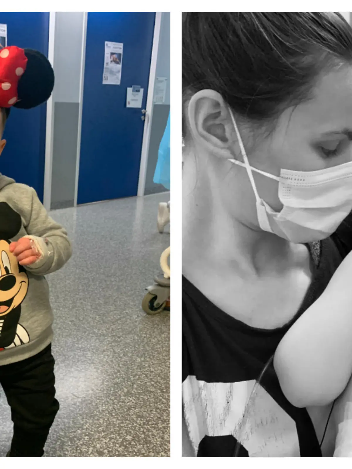 Dax links im Disneyland Paris, rechts im Krankenhaus im Arm seiner Mutter.