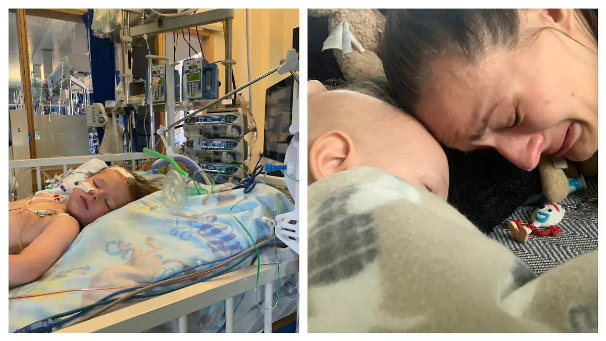 Dax links im Krankenhaus und rechts kuschelnd mit seiner Mutter.