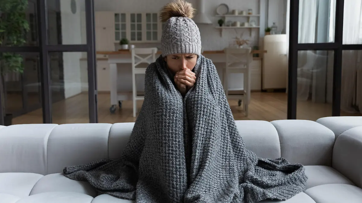 Frozen. Sad latina female sit on couch at freezing cooled studio flat in warm cap and blanket shiver tremble with cold. Unhappy young lady spend time at home feel bad suffer of heating system problems