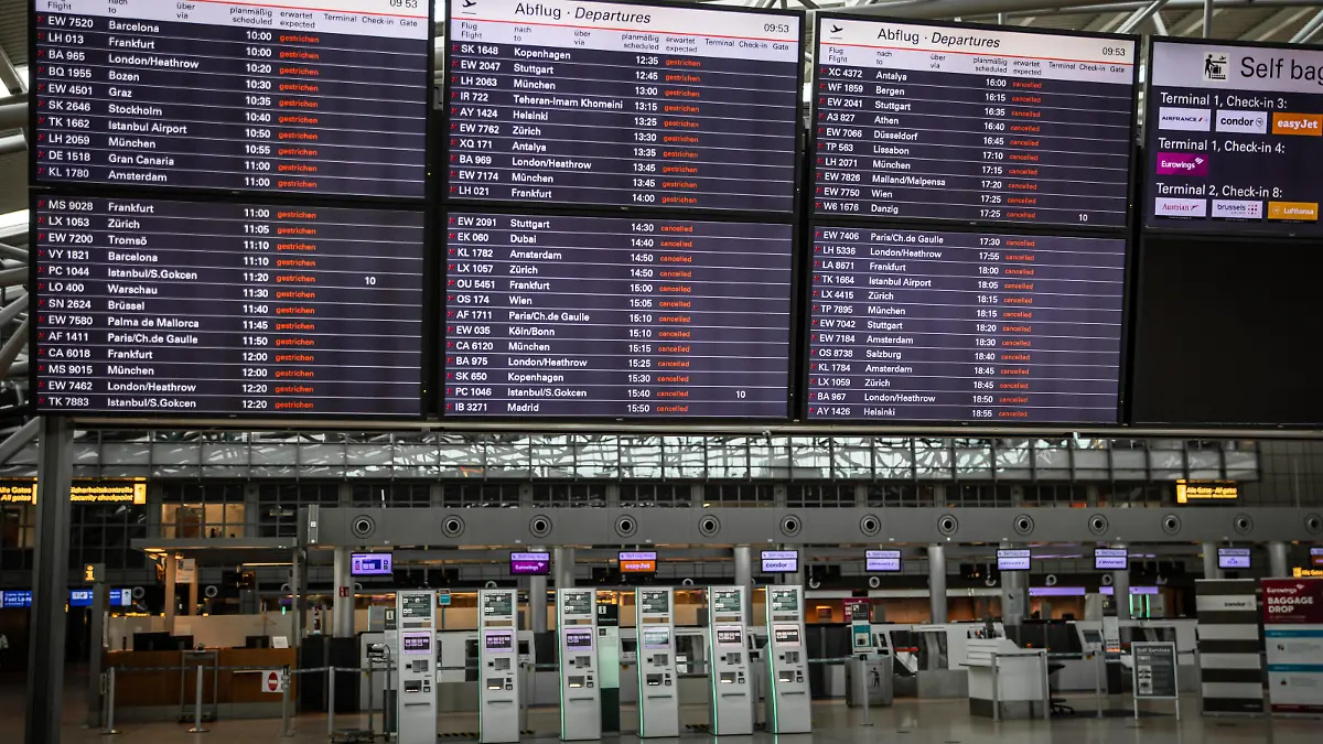 Flughafen Hamburg Streik der Luftsicherheitskontrolle Anzeigetafel am Flughafen in Hamburg, Deutschland *** Hamburg Airport Strike of the air security control display board at the airport in Hamburg, Germany Copyright: xNikolaixKislichkox 6M6A0393