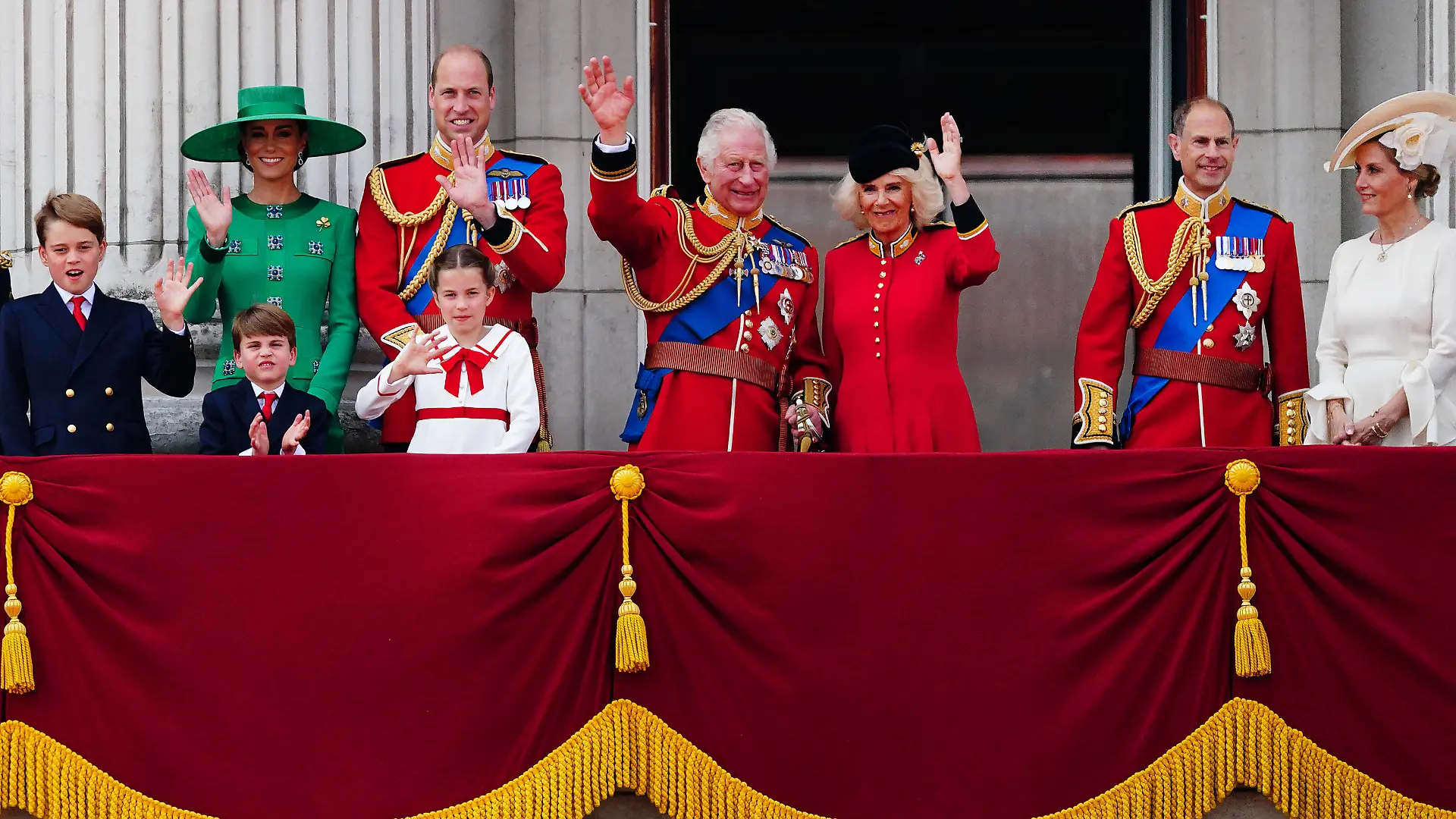 Trooping the Colour. (left to right) Prince George, Prince Louis, the Princess of Wales, the Prince of Wales, Princess Charlotte, King Charles III, Queen Camilla, the Duke of Edinburgh and the Duchess of Edinburgh on the balcony of Buckingham Palace, London, to view the flypast following the Trooping the Colour ceremony in central London, as King Charles III celebrates his first official birthday since becoming sovereign. Picture date: Saturday June 17, 2023. See PA story ROYAL Trooping. Photo credit should read: Victoria Jones/PA Wire URN:72646974