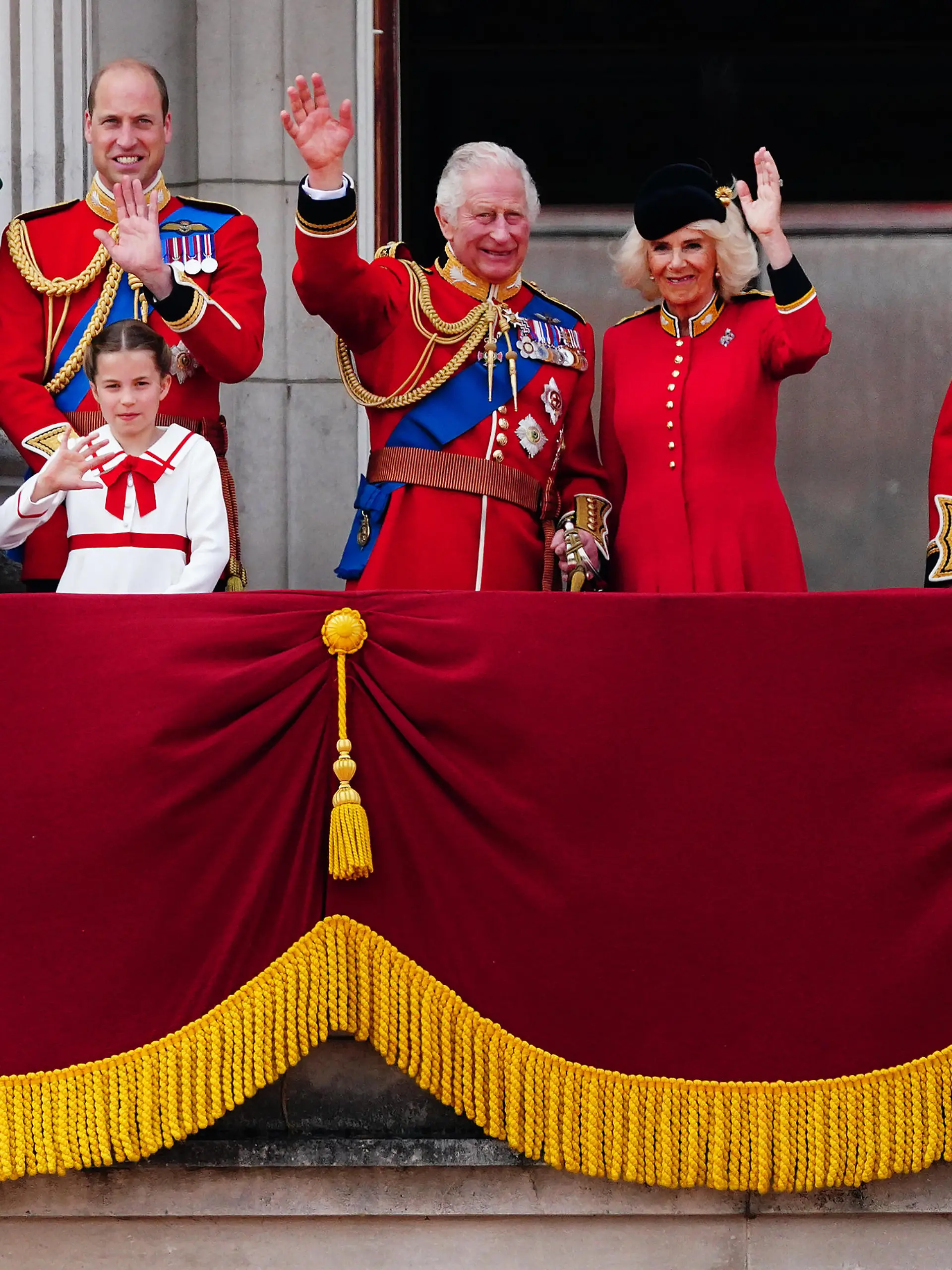 Trooping the Colour. (left to right) Prince George, Prince Louis, the Princess of Wales, the Prince of Wales, Princess Charlotte, King Charles III, Queen Camilla, the Duke of Edinburgh and the Duchess of Edinburgh on the balcony of Buckingham Palace, London, to view the flypast following the Trooping the Colour ceremony in central London, as King Charles III celebrates his first official birthday since becoming sovereign. Picture date: Saturday June 17, 2023. See PA story ROYAL Trooping. Photo credit should read: Victoria Jones/PA Wire URN:72646974