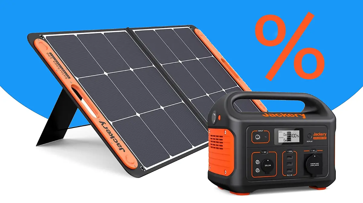 Ein Solargenerator mit Solarpanel auf blau-weißem Hintergrund und einem Prozentzeichen.
