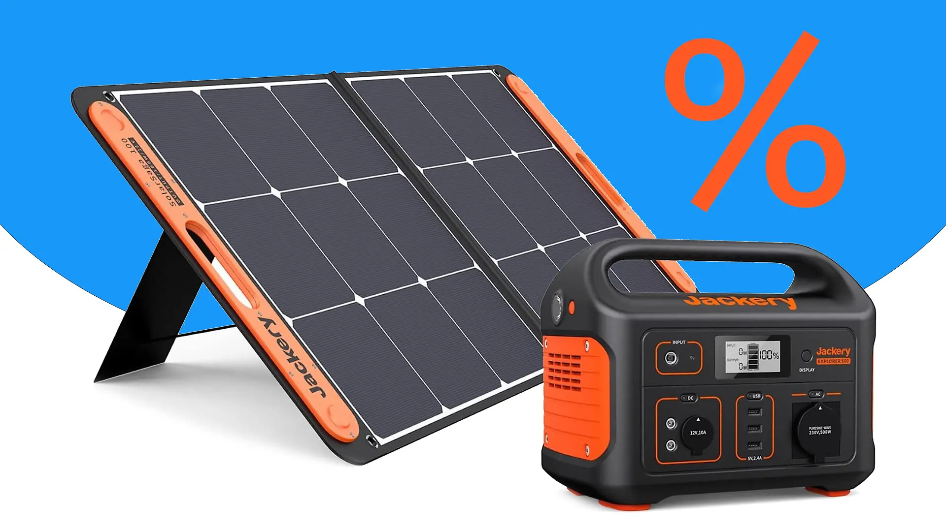 Ein Solargenerator mit Solarpanel auf blau-weißem Hintergrund und einem Prozentzeichen.