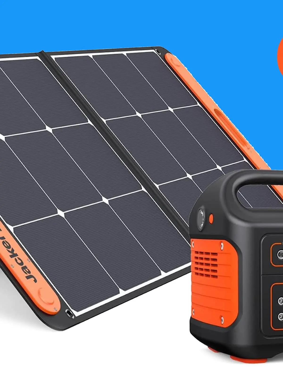 Ein Solargenerator mit Solarpanel auf blau-weißem Hintergrund und einem Prozentzeichen.