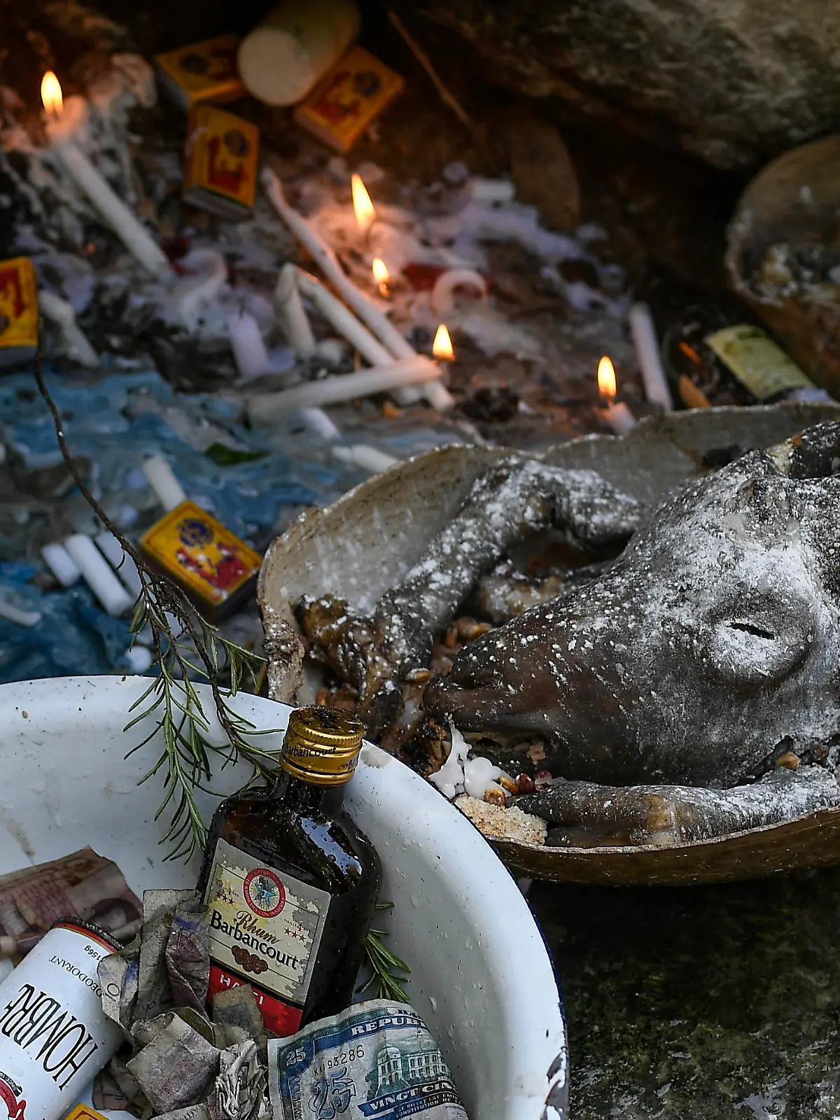 The head of a goat sits on an altar next to a waterfall believed to have purifying powers during an annual celebration marking the feast day of Our Lady of Mount Carmel, in Saut d' Eau, Haiti, Friday, July 16, 2021. The annual pilgrimage is made in honor of Haiti's most celebrated patron saint, Our Lady of Mount Carmel, who is supposed to have appeared on a palm tree in 1847 in the Palm Grove in Saut d'Eau and was integrated into Haiti's voodoo culture as the goddess of love. (AP Photo/Matias Delacroix)
