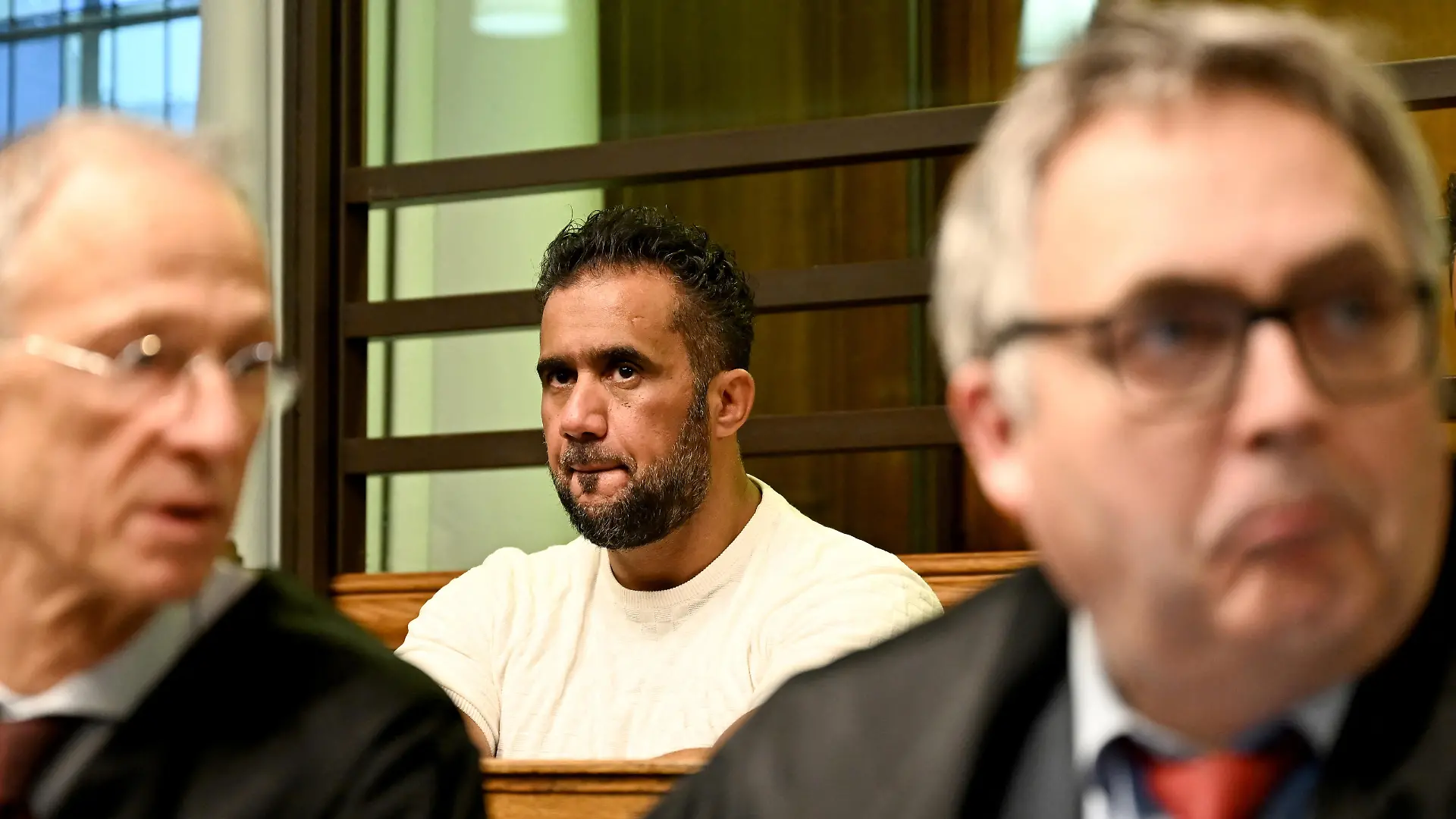 Defendant Arafat A. C., former business partner of rapper Anis Mohamed Youssef Ferchichi, known as Bushido, arrives for the verdict in his trial at the Moabit criminal court in Berlin, Germany, February 5, 2024.      Sebastian Christoph Gollnow/Pool via
