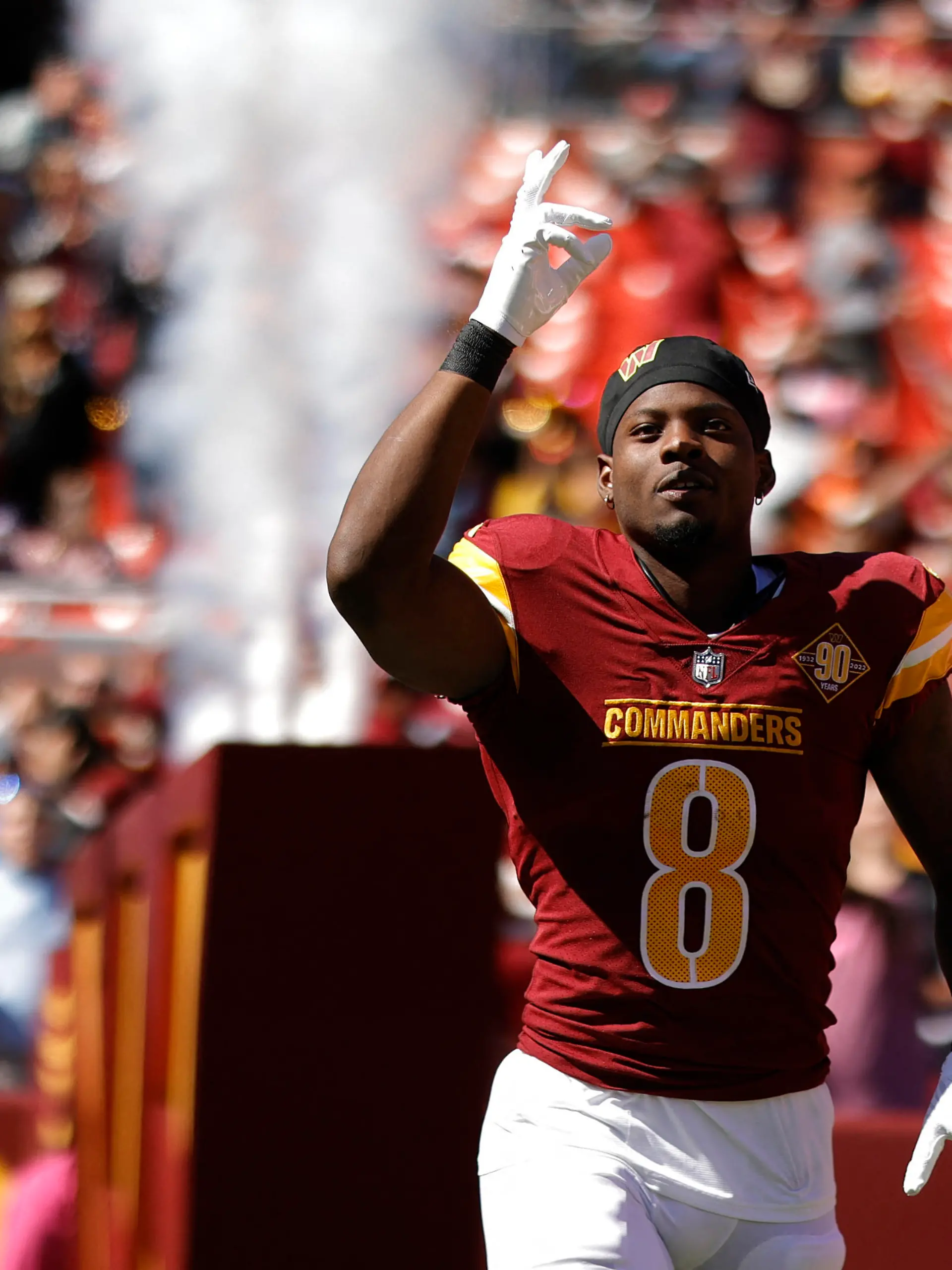 Oct 9, 2022; Landover, Maryland, USA; Washington Commanders running back Brian Robinson (8) is introduced prior to the start of the Commanders' game against the Tennessee Titans at FedExField. Mandatory Credit: Geoff Burke-USA TODAY Sports