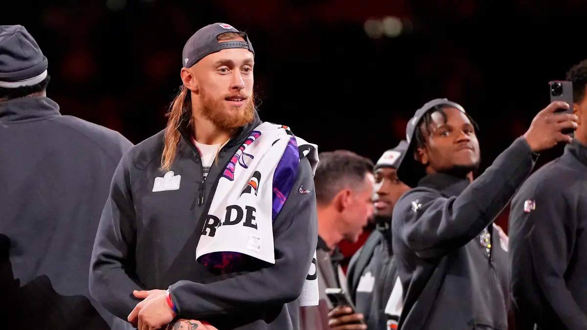 Feb 5, 2024; Las Vegas, NV, USA; San Francisco 49ers tight end George Kittle (85) looks on during Super Bowl LVIII Opening Night at Allegiant Stadium. Mandatory Credit: Lucas Peltier-USA TODAY Sports