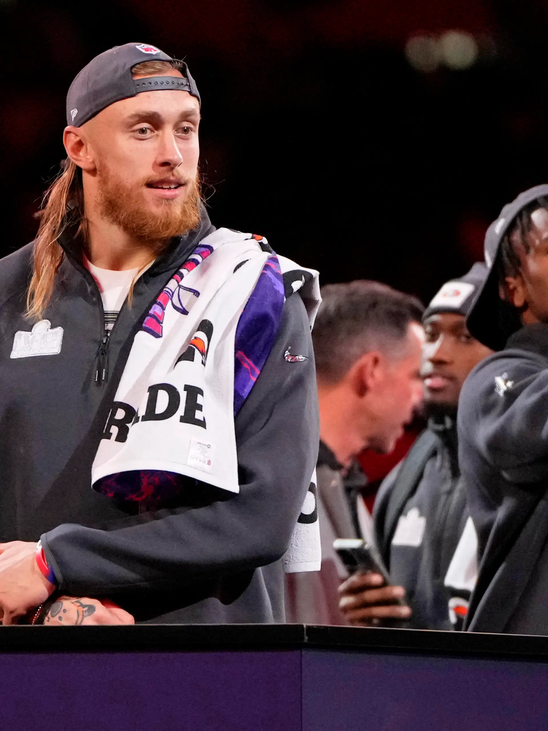 Feb 5, 2024; Las Vegas, NV, USA; San Francisco 49ers tight end George Kittle (85) looks on during Super Bowl LVIII Opening Night at Allegiant Stadium. Mandatory Credit: Lucas Peltier-USA TODAY Sports