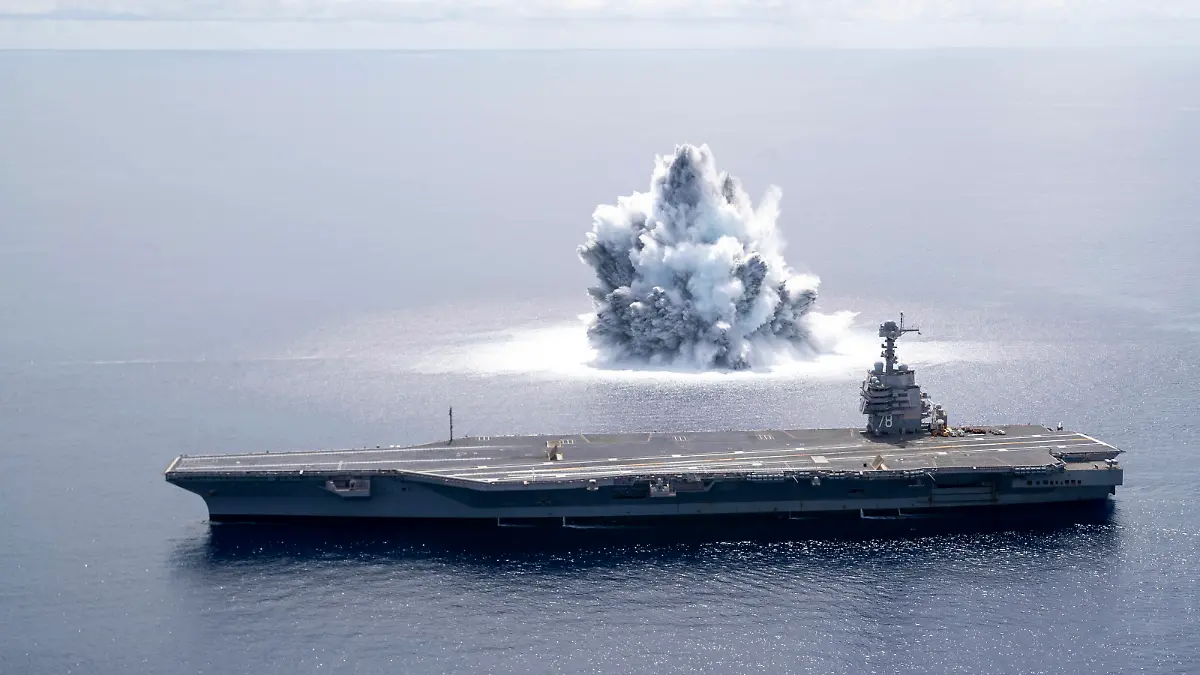 Handout photo of the aircraft carrier USS Gerald R. Ford (CVN 78) completes the first scheduled explosive event of Full Ship Shock Trials while underway in the Atlantic Ocean, June 18, 2021. The U.S. Navy conducts shock trials of new ship designs using live explosives to confirm that our warships can continue to meet demanding mission requirements under harsh conditions they might encounter in battle. U.S. Navy photo by Mass Communication Specialist 3rd Class Riley B. McDowell via ABACAPRESS.COM