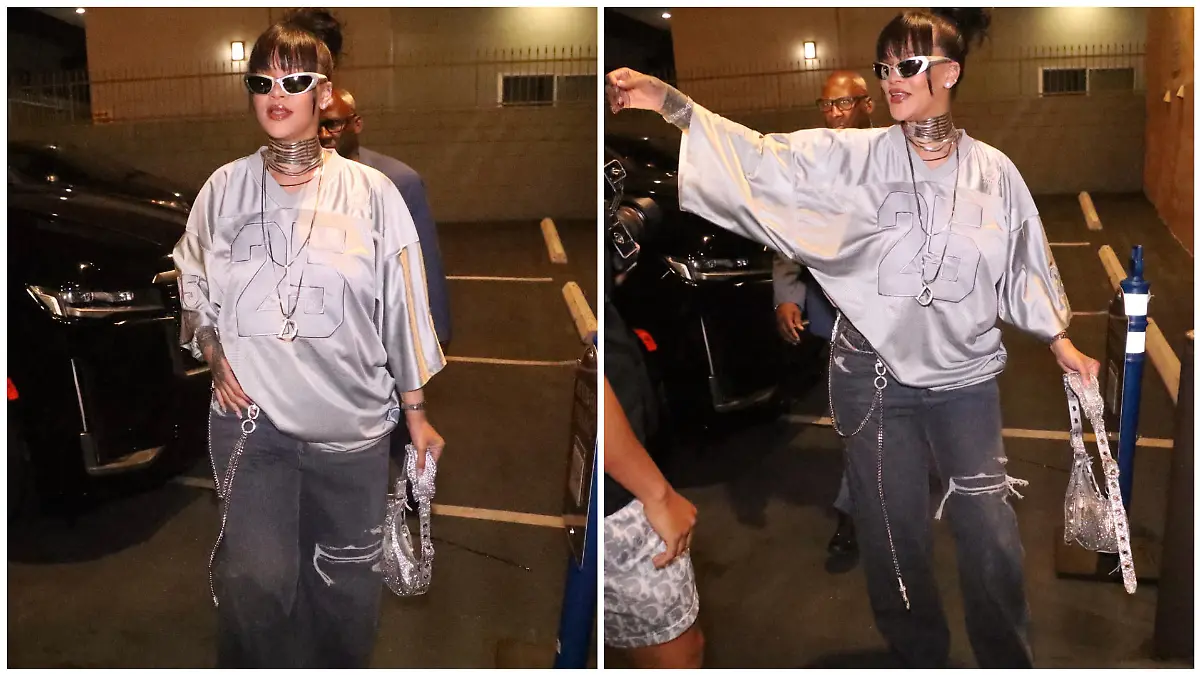 Rihanna trägt eine Kette mit einem D-Anhänger.