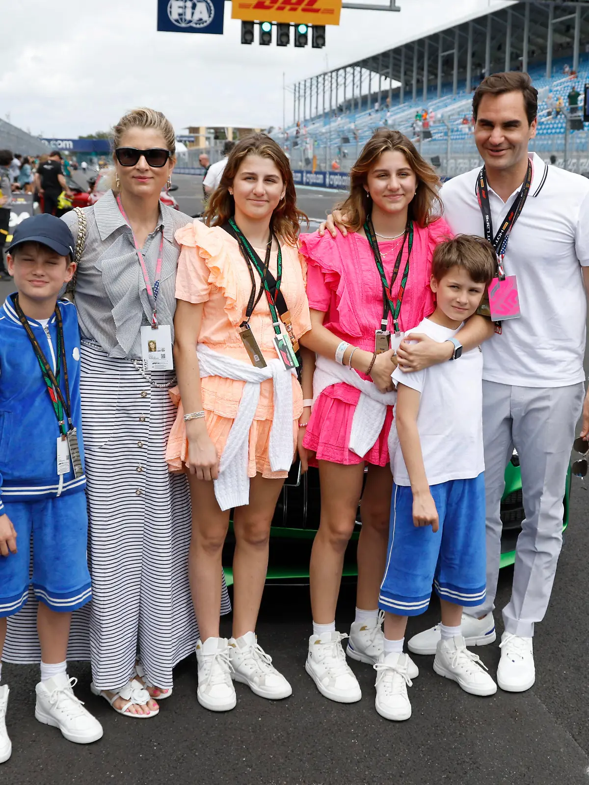 Formula 1 2023: Miami GP MIAMI INTERNATIONAL AUTODROME, UNITED STATES OF AMERICA - MAY 07: Roger federer with wife Mirka Federer and children Myla Federer, Charlene Federer, Leo Federer and Lenny Federer for Pirelli Hot Laps during the Miami GP at Miami International Autodrome on Sunday May 07, 2023 in Miami, United States of America. Photo by Alexander Trienitz / Motorsport.com ort.com PUBLICATIONxINxGERxSUIxAUTxHUNxONLY GP2305_10311007-05-2023-F1-MIA-GP-AT-0982