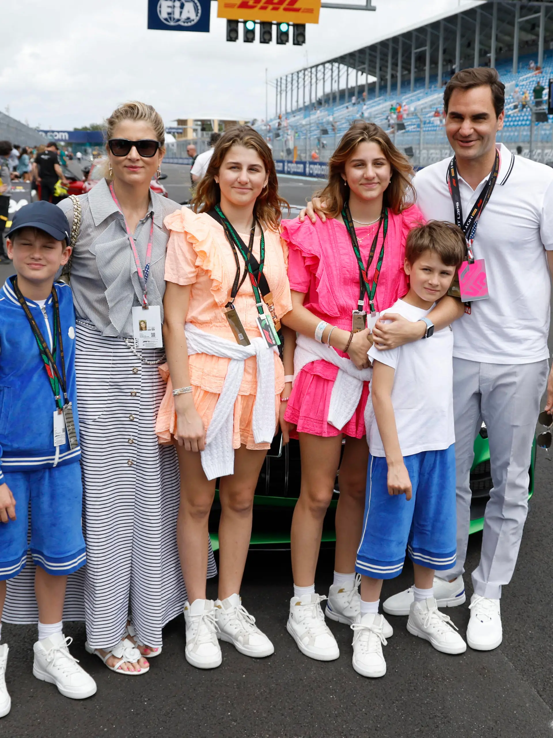 Formula 1 2023: Miami GP MIAMI INTERNATIONAL AUTODROME, UNITED STATES OF AMERICA - MAY 07: Roger federer with wife Mirka Federer and children Myla Federer, Charlene Federer, Leo Federer and Lenny Federer for Pirelli Hot Laps during the Miami GP at Miami International Autodrome on Sunday May 07, 2023 in Miami, United States of America. Photo by Alexander Trienitz / Motorsport.com ort.com PUBLICATIONxINxGERxSUIxAUTxHUNxONLY GP2305_10311007-05-2023-F1-MIA-GP-AT-0982