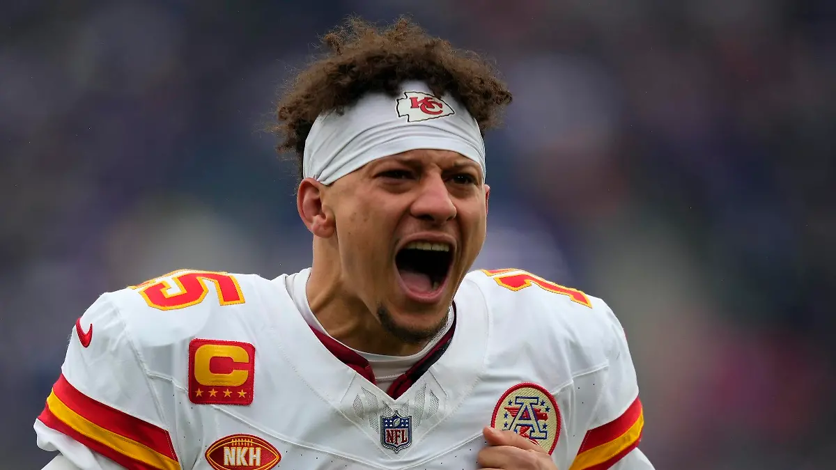 Kansas City Chiefs quarterback Patrick Mahomes (15) shouts before the AFC Championship NFL football game against the Baltimore Ravens, Sunday, Jan. 28, 2024, in Baltimore. (AP Photo/Matt Slocum)