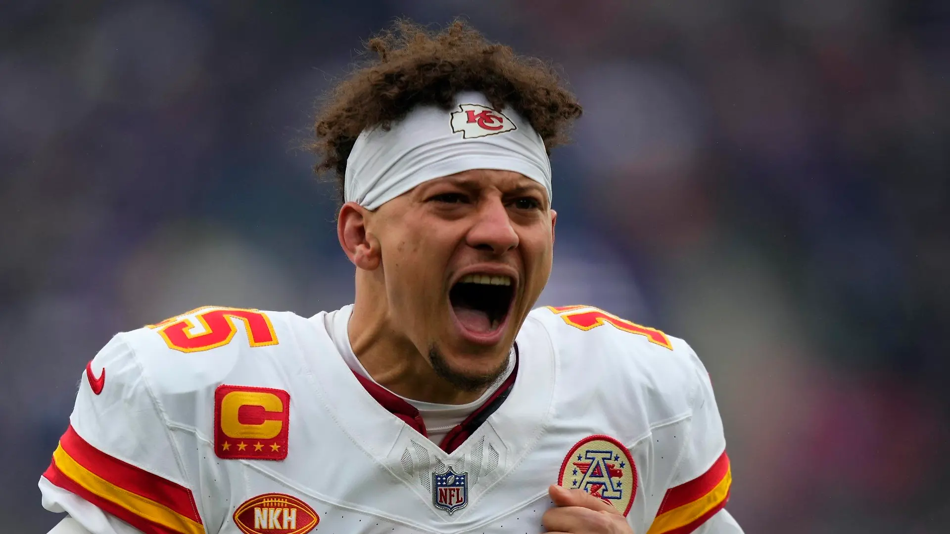 Kansas City Chiefs quarterback Patrick Mahomes (15) shouts before the AFC Championship NFL football game against the Baltimore Ravens, Sunday, Jan. 28, 2024, in Baltimore. (AP Photo/Matt Slocum)
