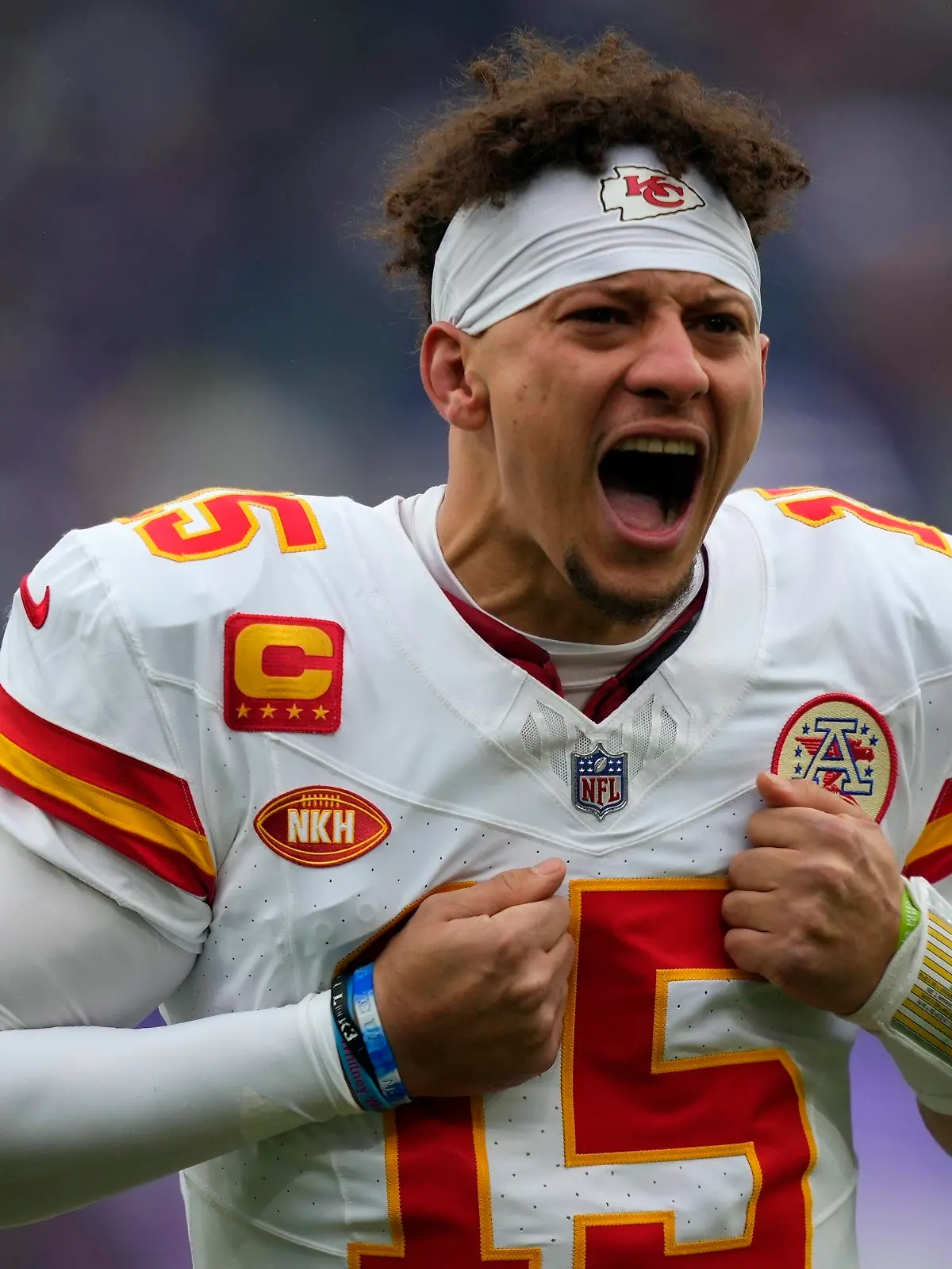 Kansas City Chiefs quarterback Patrick Mahomes (15) shouts before the AFC Championship NFL football game against the Baltimore Ravens, Sunday, Jan. 28, 2024, in Baltimore. (AP Photo/Matt Slocum)