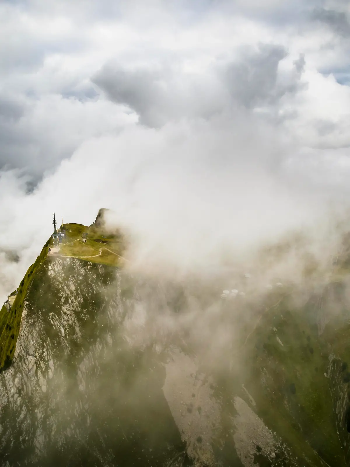 A telecommunication antenna is pictured through the clouds in Les Rochers-de-Naye, in Veytaux above Montreux, Switzerland, Sunday September 10, 2017. 2017 marks the 125th birthday of the Glion to Rochers-de-Naye train line that provides convenient access to the peak culminating at over 2000m above lake Geneva. (KEYSTONE/Valentin Flauraud)