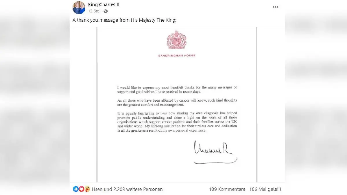 Dankesmitteilung vom Buckingham Palast im Namen von König Charles III.