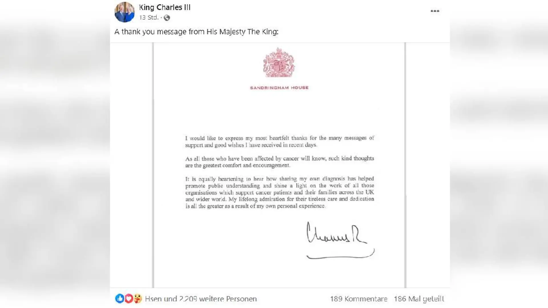 Dankesmitteilung vom Buckingham Palast im Namen von König Charles III.