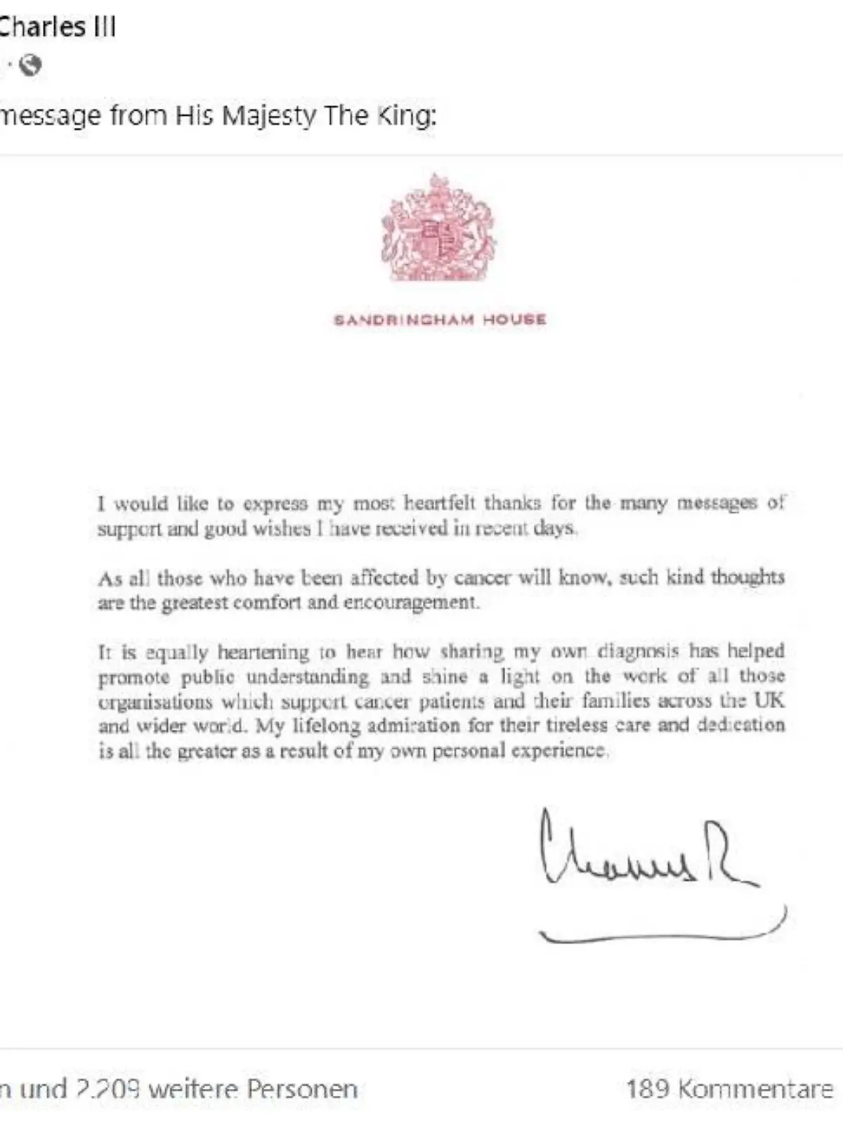 Dankesmitteilung vom Buckingham Palast im Namen von König Charles III.