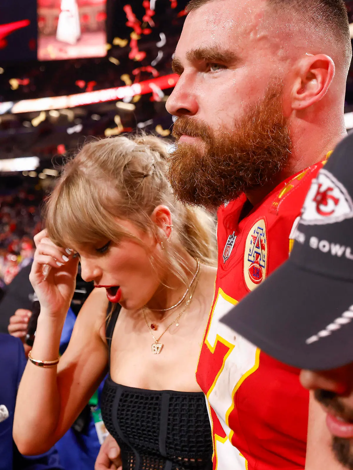 Kansas City Chiefs tight end Travis Kelce 87 celebrates with girlfriend and entertainer Taylor Swift after a 25-22 win over the San Francisco 49ers during Super Bowl LVIII at Allegiant Stadium in Las Vegas, Nevada, on Sunday, February 11, 2024. PUBLICATIONxINxGERxSUIxAUTxHUNxONLY SBP20240211190 JohnxAngelillo