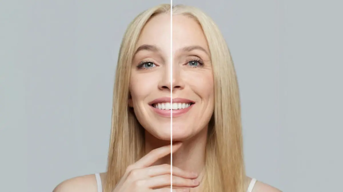 Blonde model woman with young clean skin and wrinkles. Aging and youth, aesthetic surgery, beauty treatment and cosmetology concept