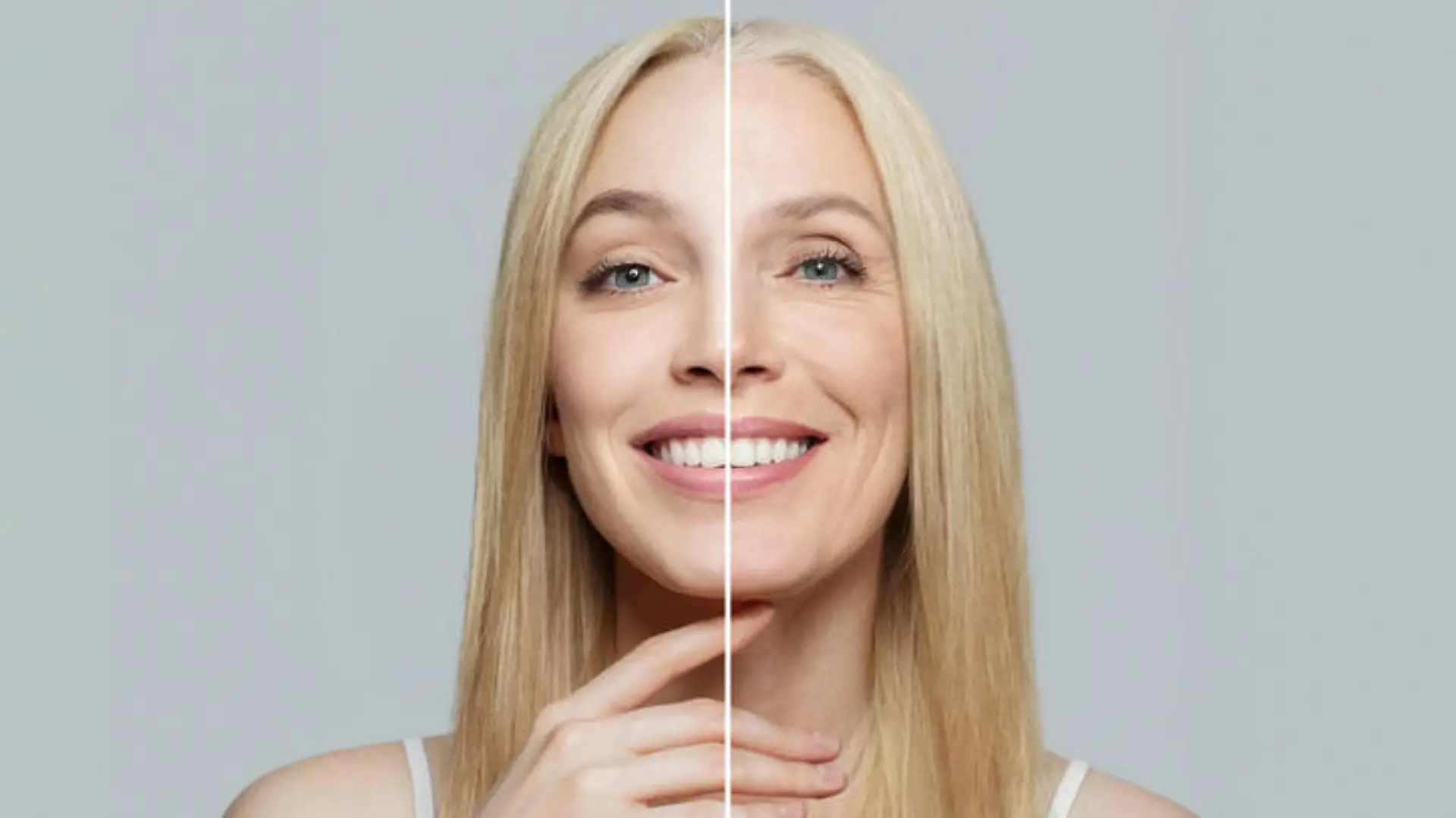 Blonde model woman with young clean skin and wrinkles. Aging and youth, aesthetic surgery, beauty treatment and cosmetology concept