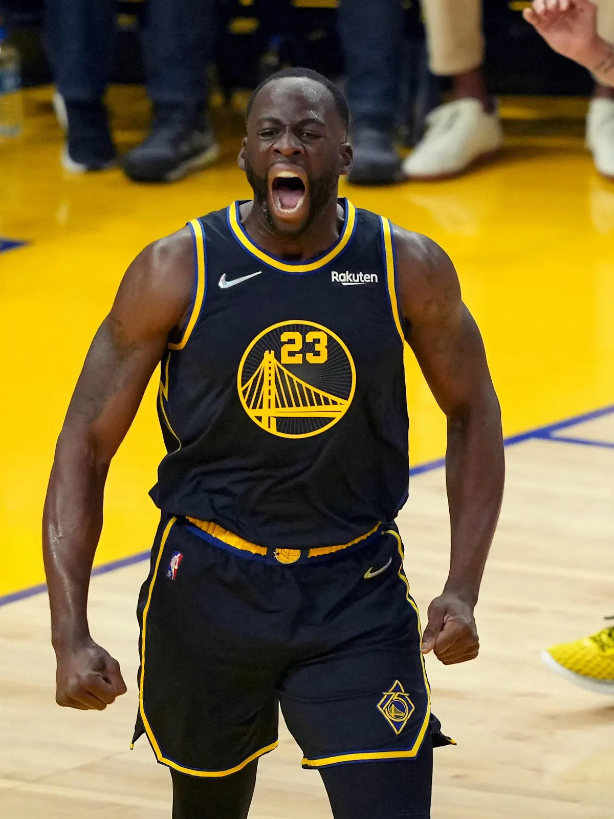 NBA, Basketball Herren, USA Playoffs-Dallas Mavericks at Golden State Warriors, May 18, 2022 San Francisco, California, USA Golden State Warriors forward Draymond Green 23 reacts after a Dallas Mavericks turnover during the first quarter of game one of the 2022 western conference finals at Chase Center. Mandatory Credit: Darren Yamashita-USA TODAY Sports, 18.05.2022 18:06:52, 18297821, NPStrans, Golden State Warriors, Chase Center, Draymond Green, TopPic, Dallas Mavericks, NBA PUBLICATIONxINxGERxSUIxAUTxONLY Copyright: xDarrenxYamashitax 18297821