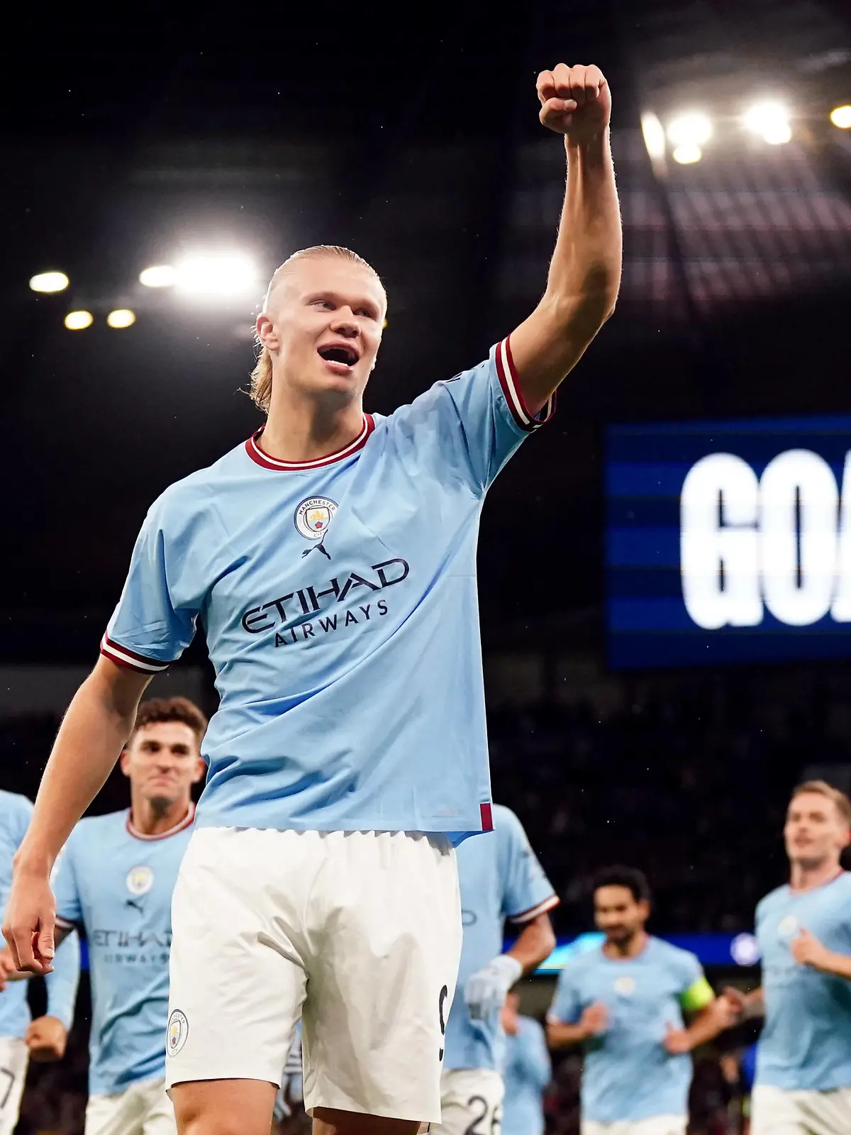 Manchester City v FC Copenhagen - UEFA Champions League - Group G - Etihad Stadium Manchester City s Erling Haaland celebrates scoring the opening goal during the UEFA Champions League Group G match at the Etihad Stadium, Manchester. Erling Haalands double against FC Copenhagen on Wednesday saw him match Lionel Messi for the longest scoring run under Pep Guardiolas management. Picture date: Wednesday October 5, 2022. Use subject to restrictions. Editorial use only, no commercial use without prior consent from rights holder. PUBLICATIONxNOTxINxUKxIRL Copyright: xNickxPottsx 69146543 