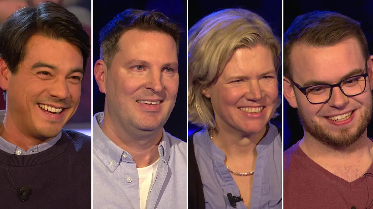 Günther Jauchs „Wer wird Millionär?“-Kandidaten am Rosenmontag, 12.02.2024 (v.l.n.r.): Dr. David Siebert, Frank Müller, Charlotte Schnitzler und Rick Leinichen